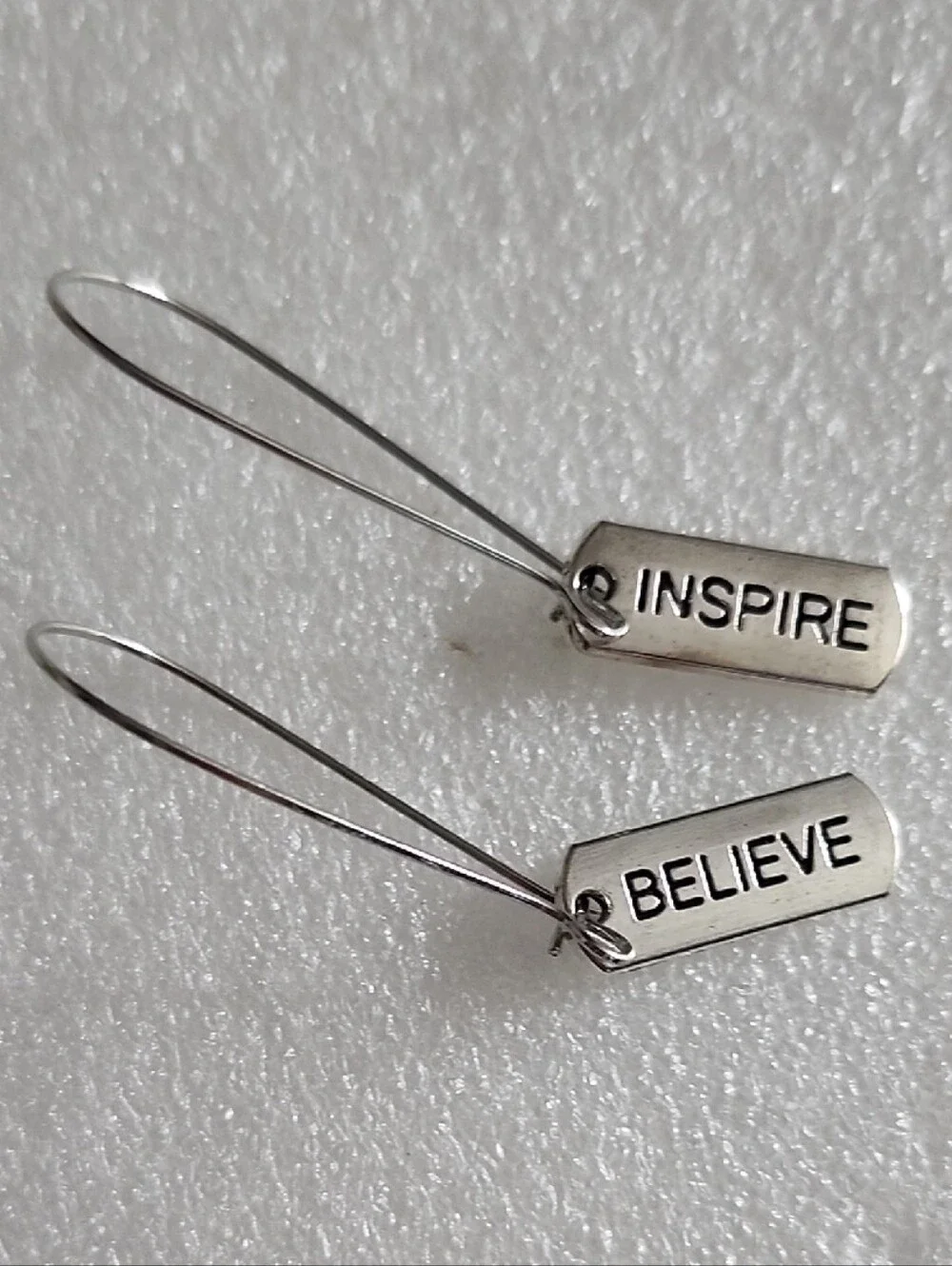 Hand Crafted Silver-tone 'Inspire' and 'Believe' Tag Drop Earrings